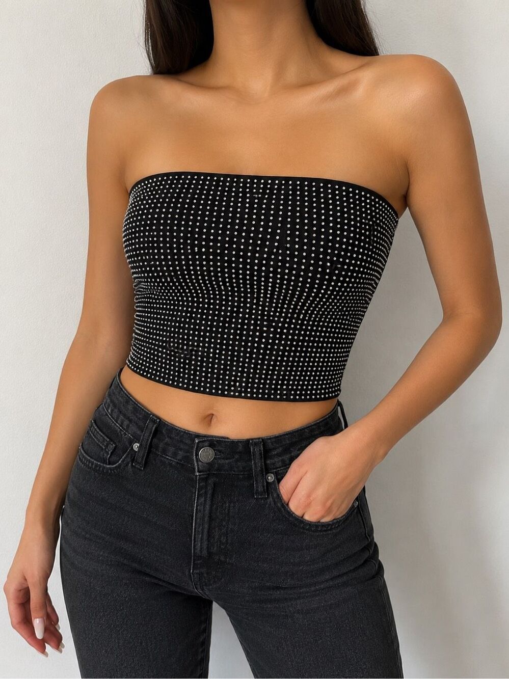 Windsor Rhinestone Tube Top Black Strapless Y2K Party Clubwear Size L